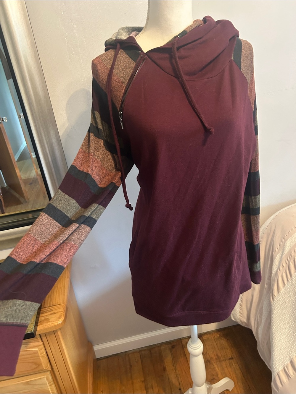 Maurices Burgandy Soft Hoodie with diagonal zipper